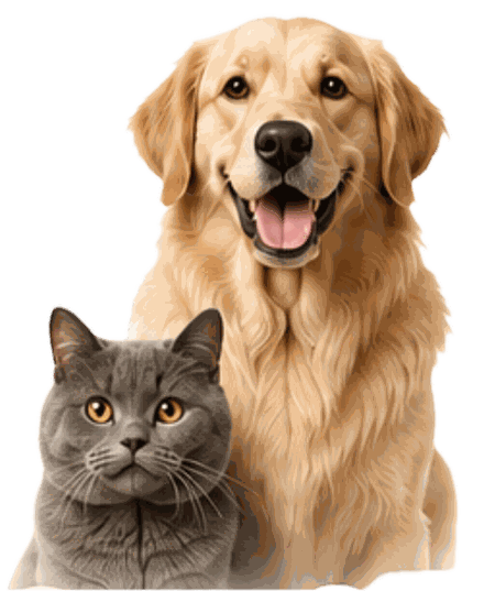 A golden retriever and a grey cat sitting together, waiting for their next medication dose